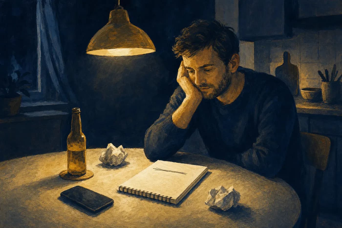 Painted scene of a man at his kitchen table at night with a nearly blank notepad and crumpled pages