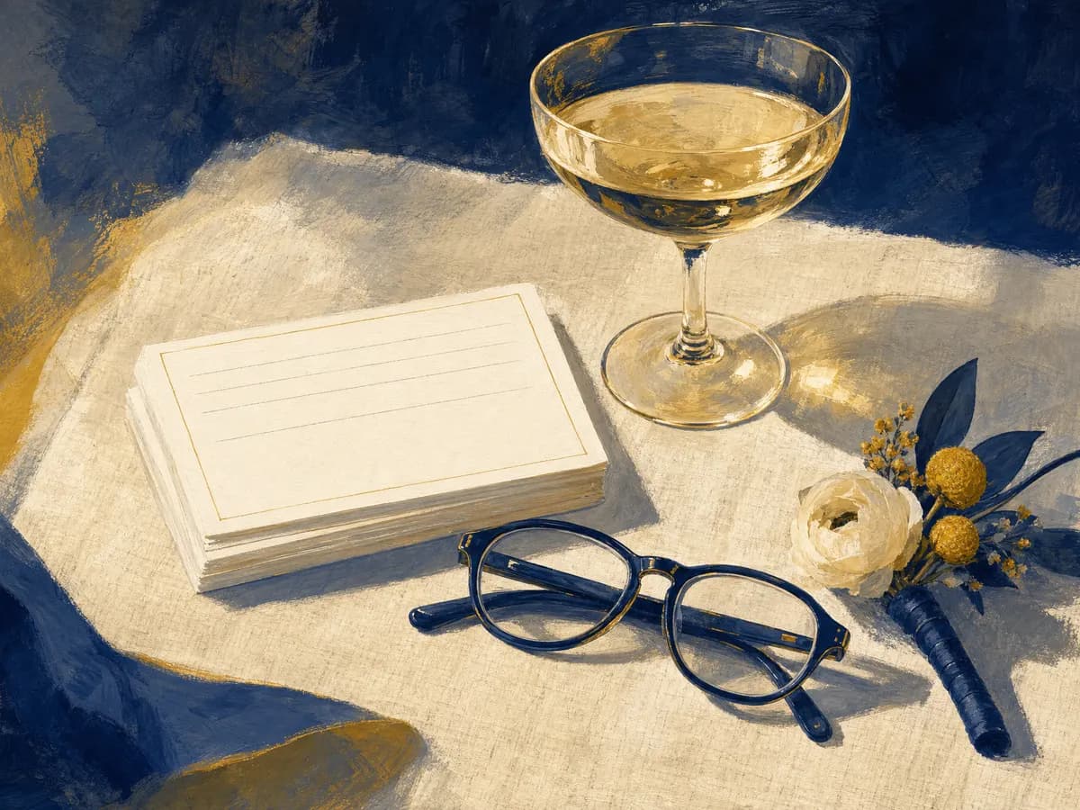 Painted still life of cue cards, a champagne coupe, folded glasses, and a boutonniere on linen