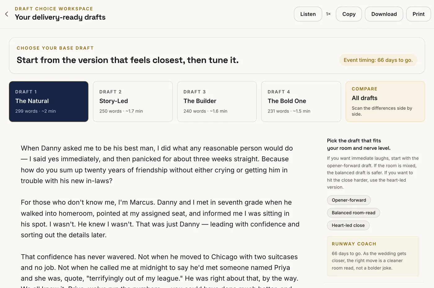 Screenshot of the SpeechCraft draft editor showing four best man speech drafts in tabs — The Natural, Story-Led, The Builder, and The Bold One — with an editable draft and delivery coach sidebar
